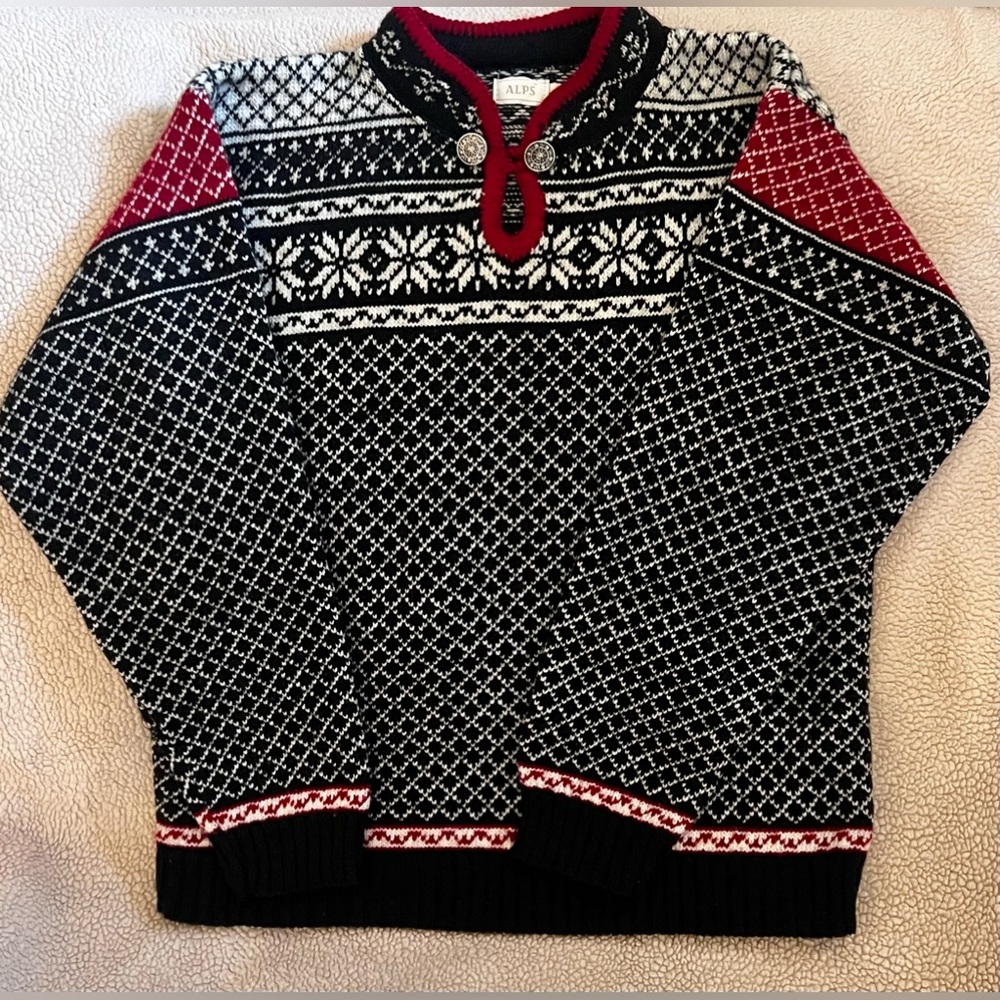 Nordic Style Alps Sweater Black White Red Women’s Small Wool Sweater USA EUC